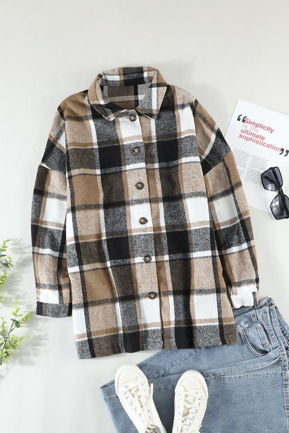 Plaid Print Buttoned Shirt Jacket Plaid Shackets JT's Designer Fashion