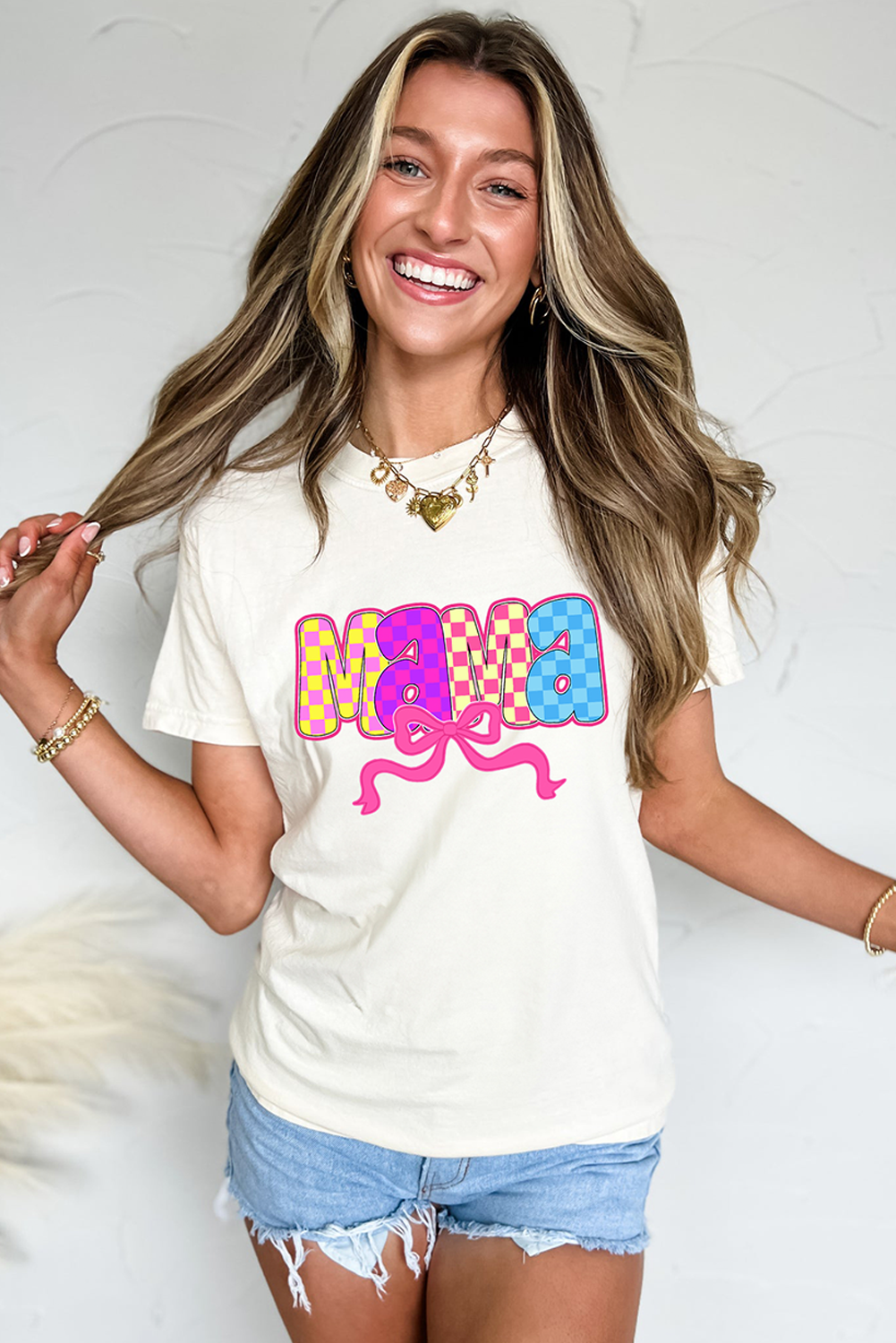 White MAMA Checkered Bow Knot Print Crewneck T Shirt Graphic Tees JT's Designer Fashion