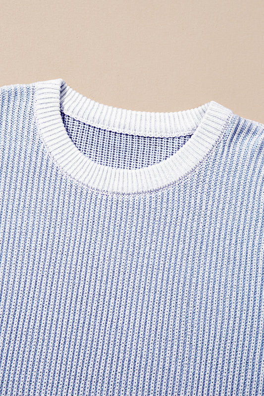 Blue Stripe Plus Size Contrast Trim Crew Neck Rib Knit Drop Shoulder Sweater Plus Size Sweaters & Cardigans JT's Designer Fashion