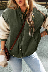 Mist Green Corduroy Fleece Patchwork Buttoned Bomber Jacket Jackets JT's Designer Fashion