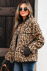 Khaki Leopard Print Zip Up Stand Neck Side Pocket Jacket Jackets JT's Designer Fashion