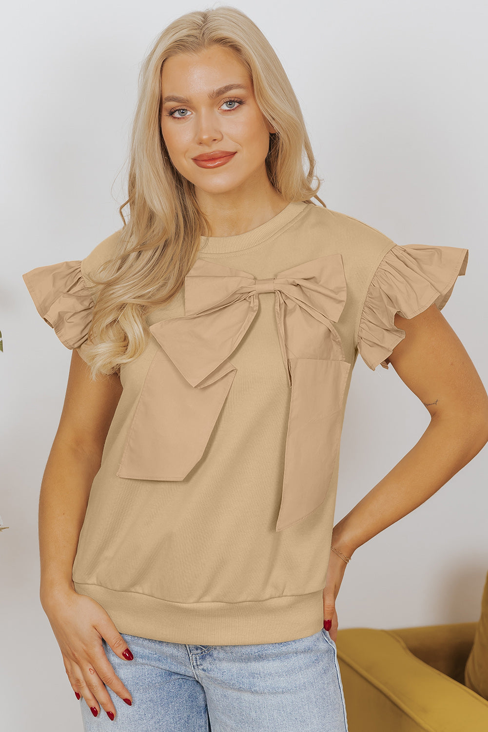 Parchment Two Tones Ribbon Bow Ruffle Sleeve Top Parchment 80%Polyester+20%Cotton Blouses & Shirts JT's Designer Fashion