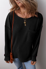 Black Solid Color Corded Drop Shoulder Long Sleeve Top Long Sleeve Tops JT's Designer Fashion