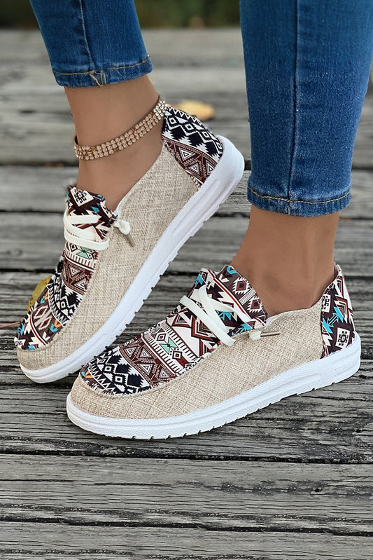 Brown Vintage Aztec Patchwork Lace-up Decor Flat Shoes Women's Shoes JT's Designer Fashion