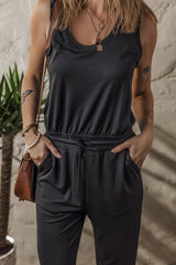 Black Casual Tank Style Tie Waist Pocketed Jogger Jumpsuit Jumpsuits & Rompers JT's Designer Fashion