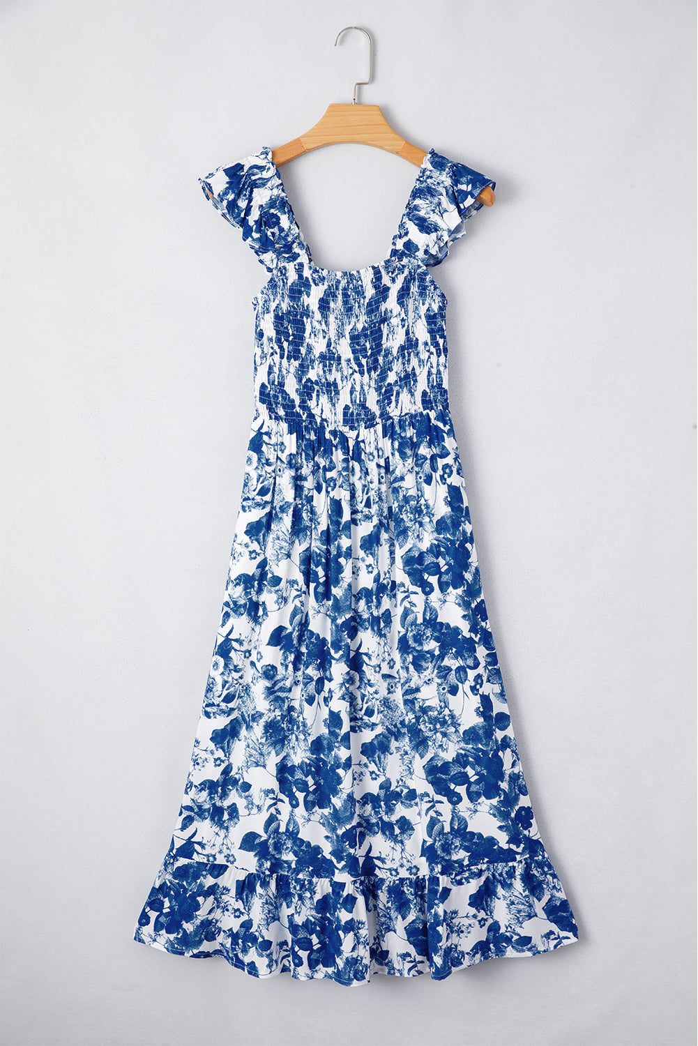 Blue Floral Ruffle Strap Square Neck Smocked Bodice Midi Dress Floral Dresses JT's Designer Fashion