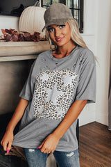 Medium Grey Stars Leopard Graphic Distressed Tee Graphic Tees JT's Designer Fashion