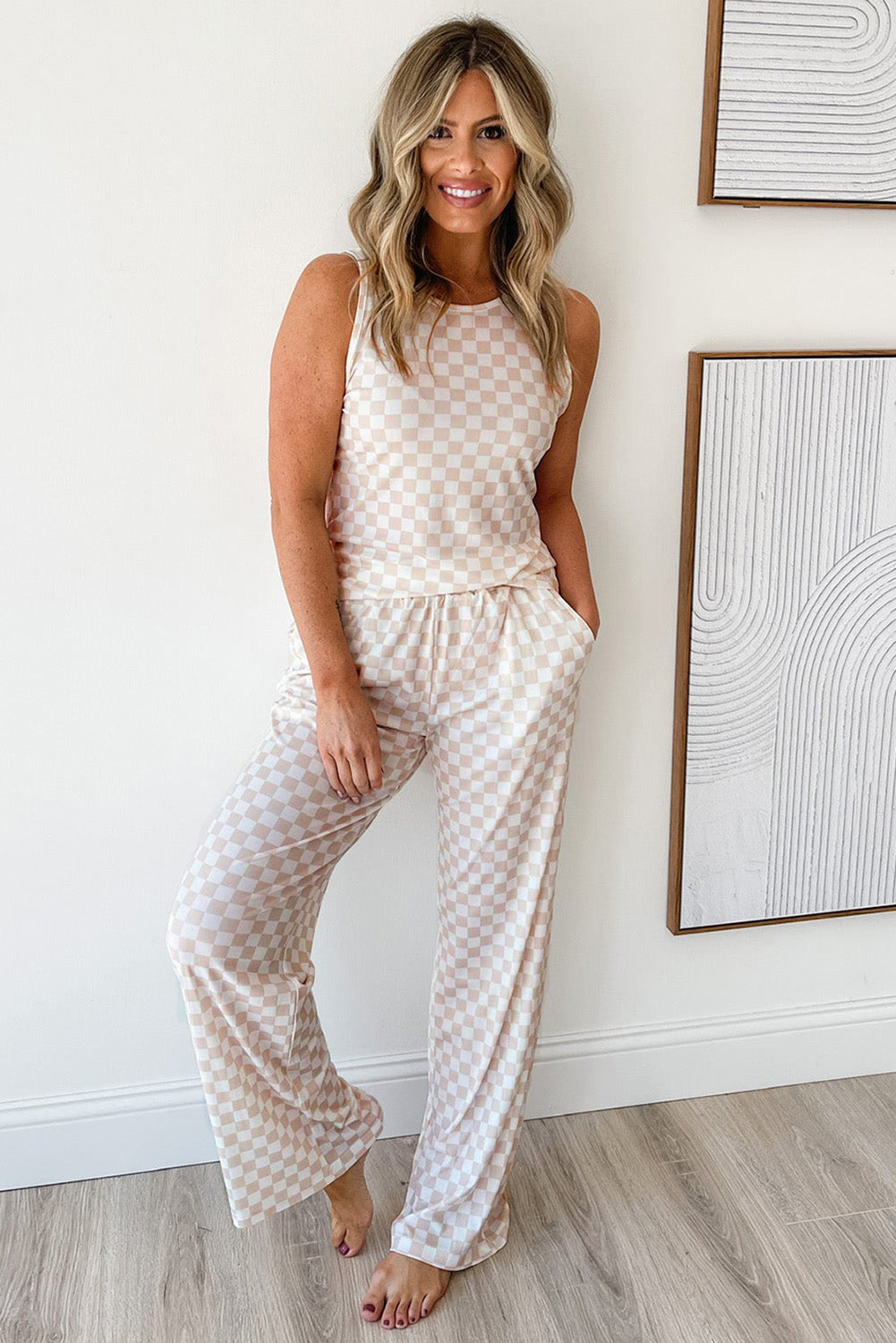 White Ribbed Texture Checkered Print 2pcs Tank and Pants Set Pant Sets JT's Designer Fashion