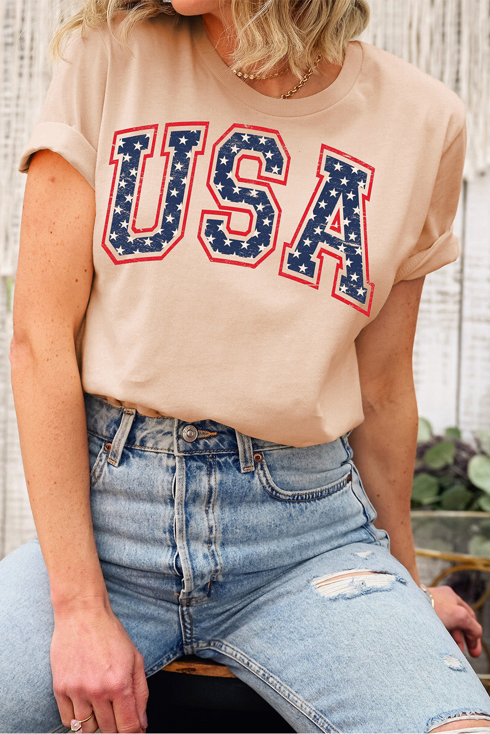 Khaki Starry USA Lettering Independent Day T-shirt Graphic Tees JT's Designer Fashion