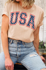 Khaki Starry USA Lettering Independent Day T-shirt Graphic Tees JT's Designer Fashion