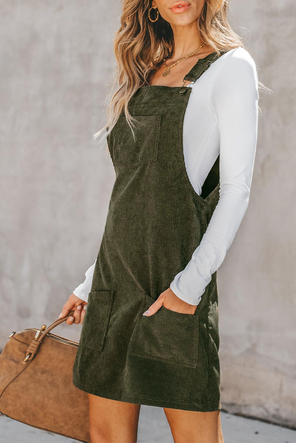 Vineyard Green Solid Front Pockets Sleeveless Corduroy Overall Dress Mini Dresses JT's Designer Fashion