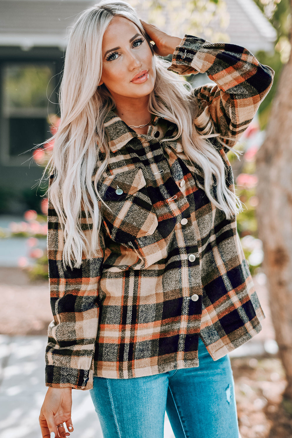 Orange Geometric Plaid Print Pocketed Shacket Plaid Shackets JT's Designer Fashion