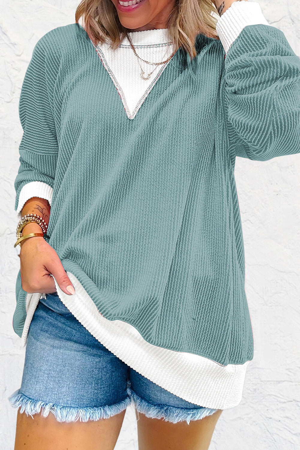 Light Blue Corded Colorblock Drop Shoulder Loose Top Long Sleeve Tops JT's Designer Fashion