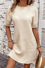 Beige Crinkle Lace Trim Puff Sleeve Shift Mini Dress Dresses JT's Designer Fashion