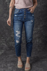 Blue Distressed Button Fly High Waist Skinny Jeans Blue 71%Cotton+27.5%Polyester+1.5%Elastane Jeans JT's Designer Fashion