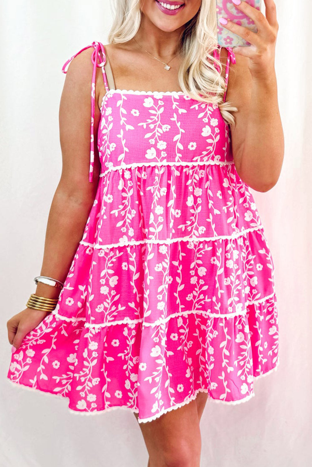 Pink Floral Print Ric Rac Patched Sleeveless Mini Dress Floral Dresses JT's Designer Fashion