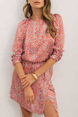 Tomato Red Leopard Print Long Sleeve Hollowed Back Split Mini Dress Mini Dresses JT's Designer Fashion