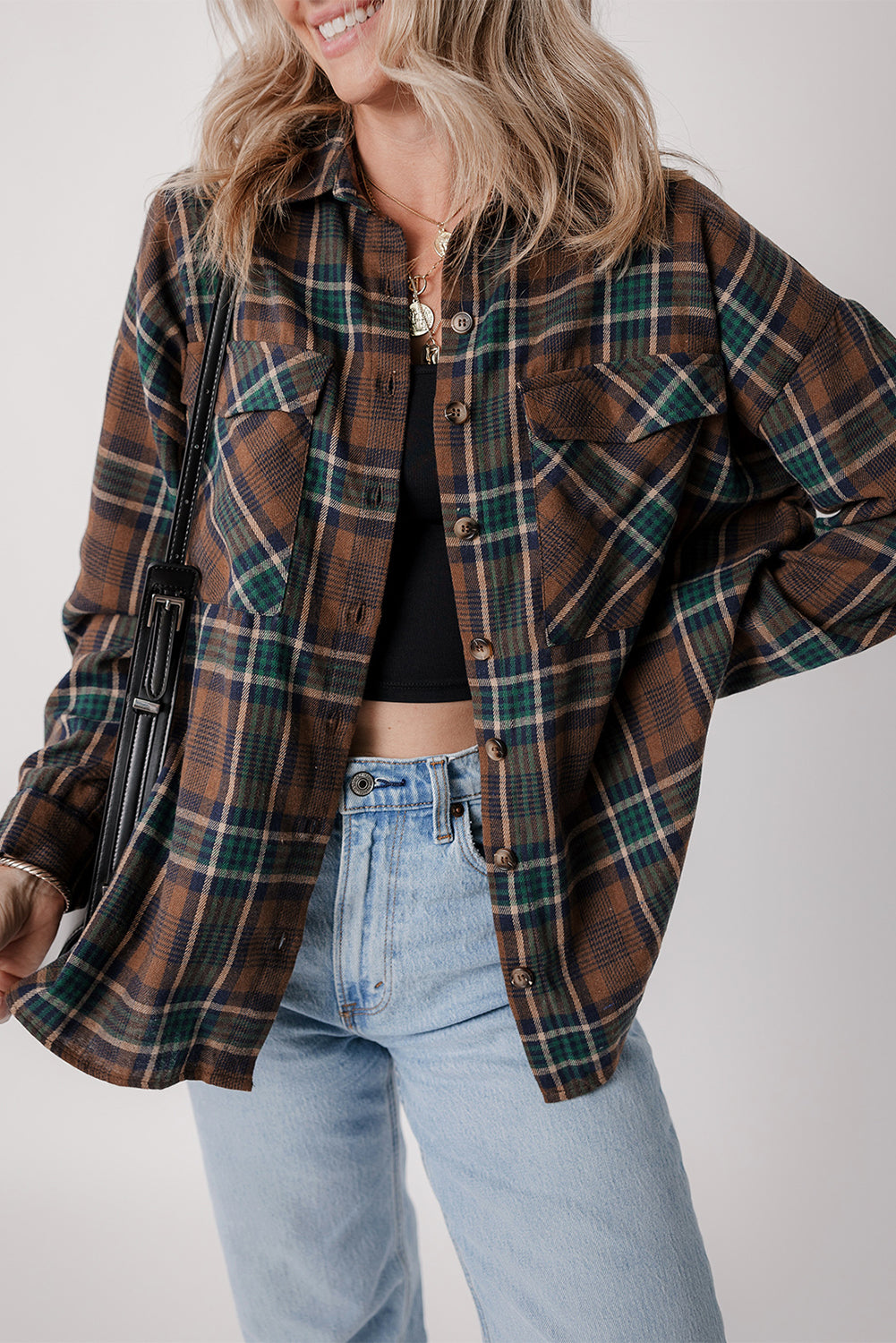 Brown Plaid Print Chest Pockets Buttoned Shirt Jacket Plaid Shackets JT's Designer Fashion