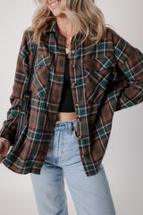 Brown Plaid Print Chest Pockets Buttoned Shirt Jacket Plaid Shackets JT's Designer Fashion