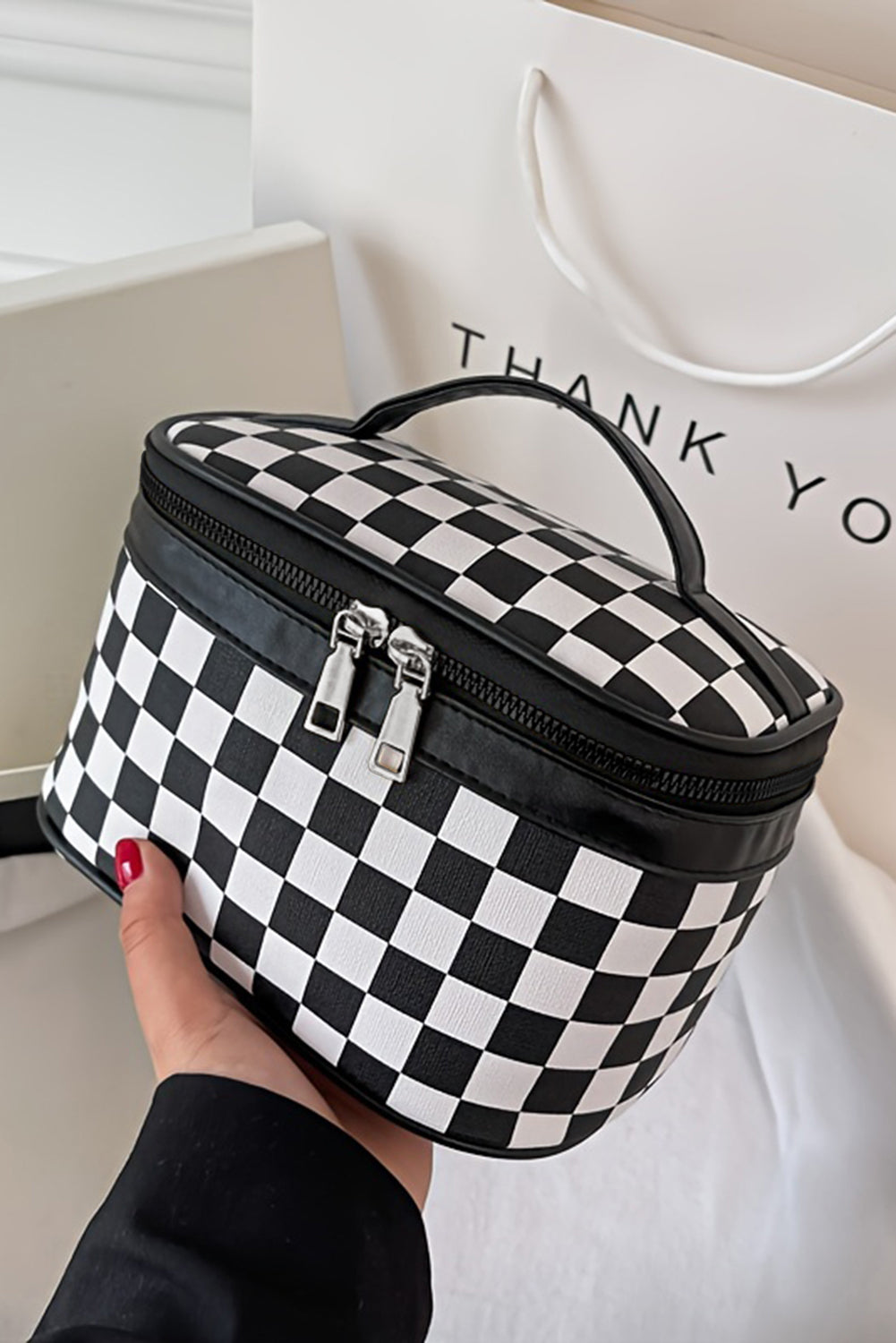 Black Checkered Zipper Large Cosmetic Bag with Handle Makeup Bags JT's Designer Fashion