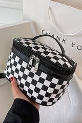 Black Checkered Zipper Large Cosmetic Bag with Handle Makeup Bags JT's Designer Fashion