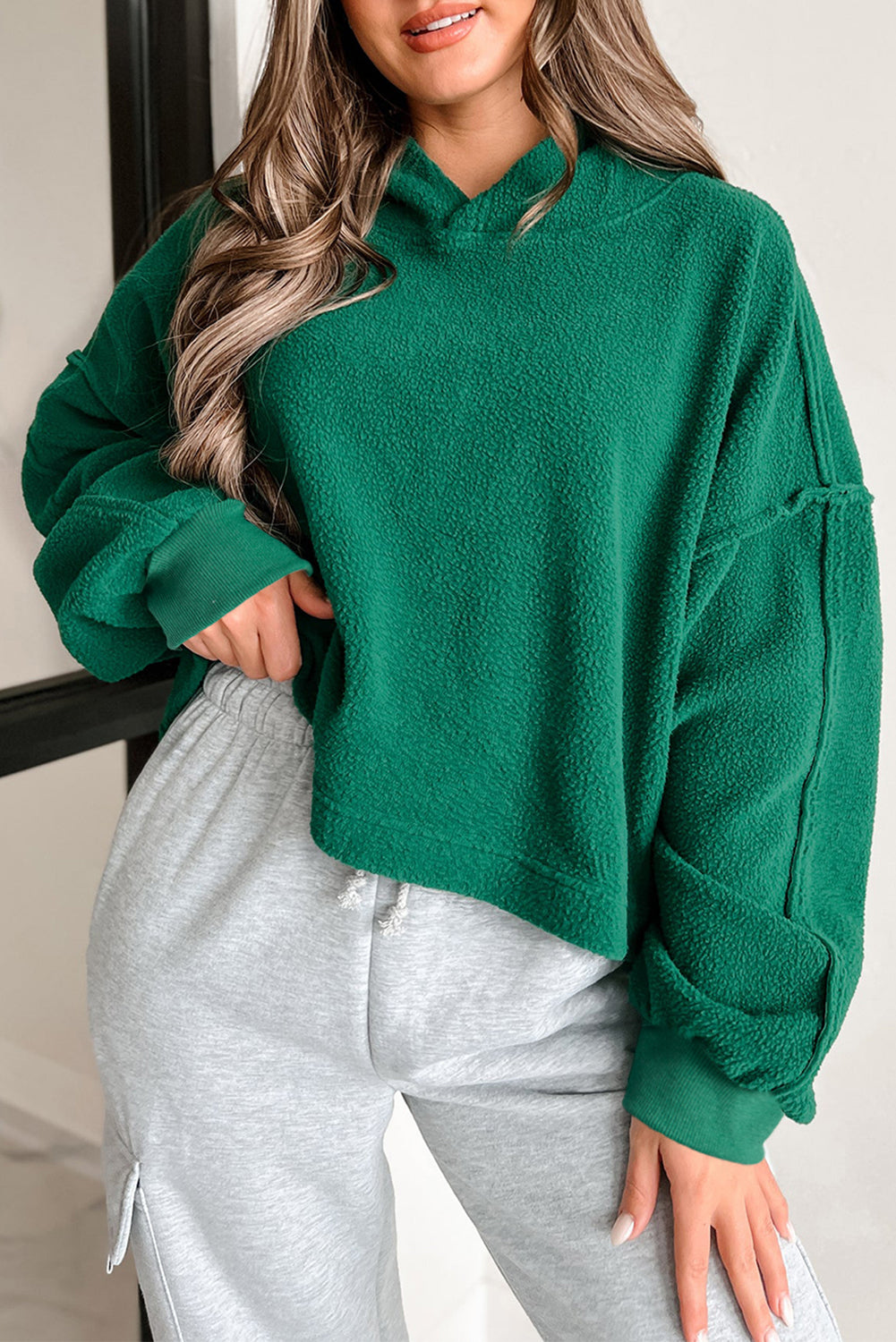 Dark Green Sherpa Fleece Drop Shoulder Hoodie Sweatshirts & Hoodies JT's Designer Fashion