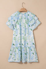 Sky Blue Floral Contrast Edge Layered Short Sleeve Mini Dress Floral Dresses JT's Designer Fashion