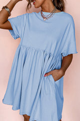 Sky Blue Solid Color Pocketed Raw Edge Babydoll Dress Mini Dresses JT's Designer Fashion