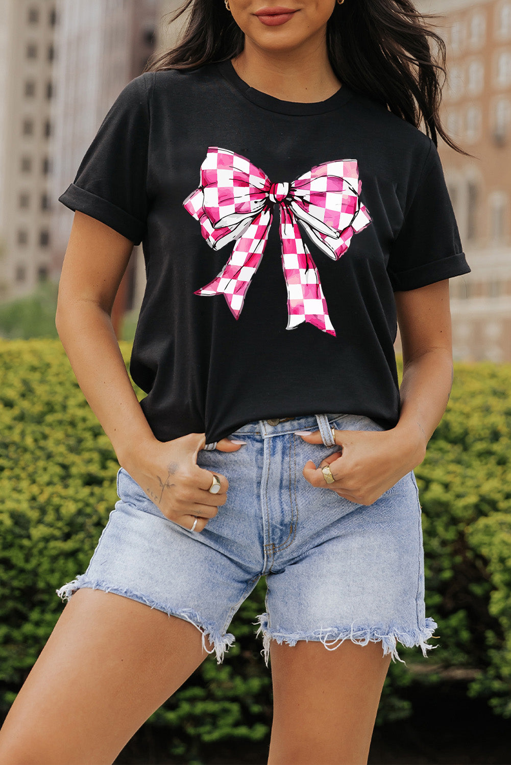 Black Checkerboard Bowknot Graphic Crewneck T Shirt Graphic Tees JT's Designer Fashion