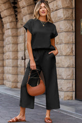 Black Solid Color Textured Short Sleeve Top and Casual Pants Set Pant Sets JT's Designer Fashion