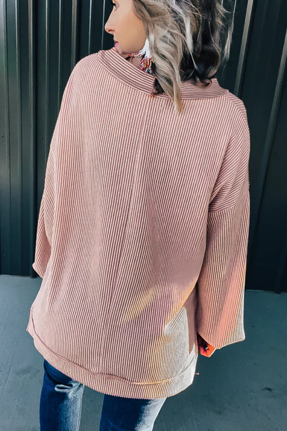 Peach Blossom Loose V Neck Bubble Sleeve Knit Ribbed Top Long Sleeve Tops JT's Designer Fashion