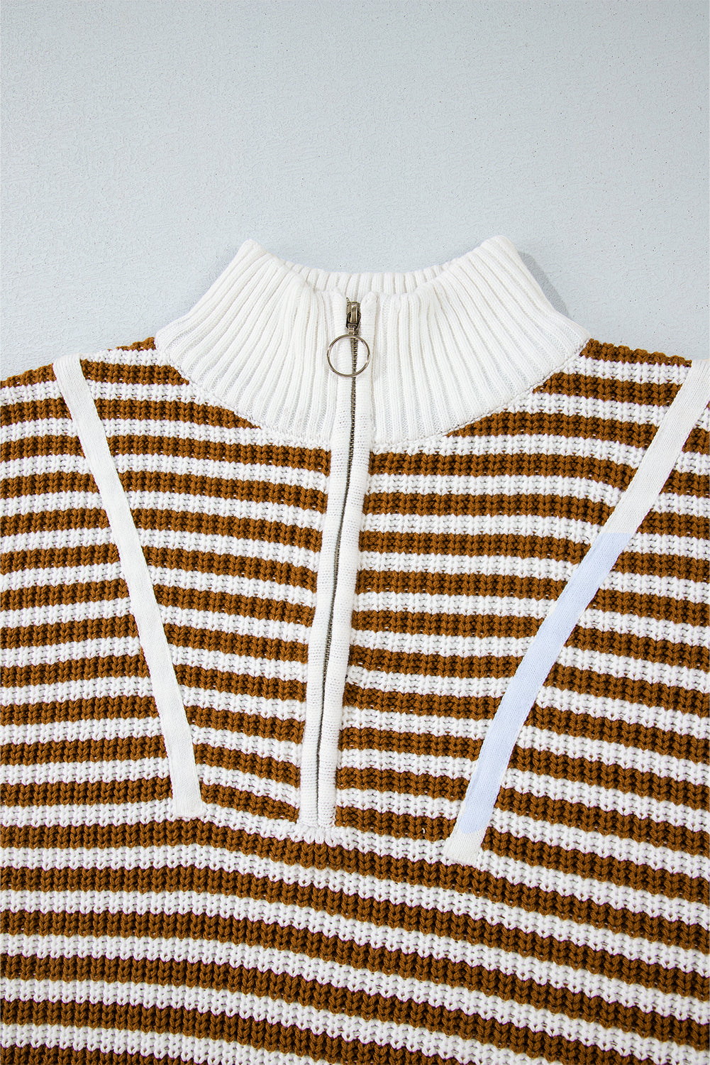 Khaki Stripe Zip up Collar Drop Shoulder Sweater Sweaters JT's Designer Fashion