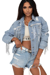 Sky Blue Sequin Embellished Fringe Distressed Denim Jacket Denim Jackets JT's Designer Fashion