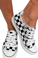 Black Checkered Print Raw Edge Lace-up Canvas Shoes Women's Shoes JT's Designer Fashion