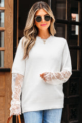 Beige Lace Sleeve Patchwork Faux Two-piece Fuzzy Sweater Beige 52%Viscose+26%Polyester+22%Polyamide Sweaters JT's Designer Fashion