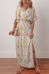Multicolour Geometric Print Half Sleeve Shirred High Waist Maxi Dress Dresses JT's Designer Fashion