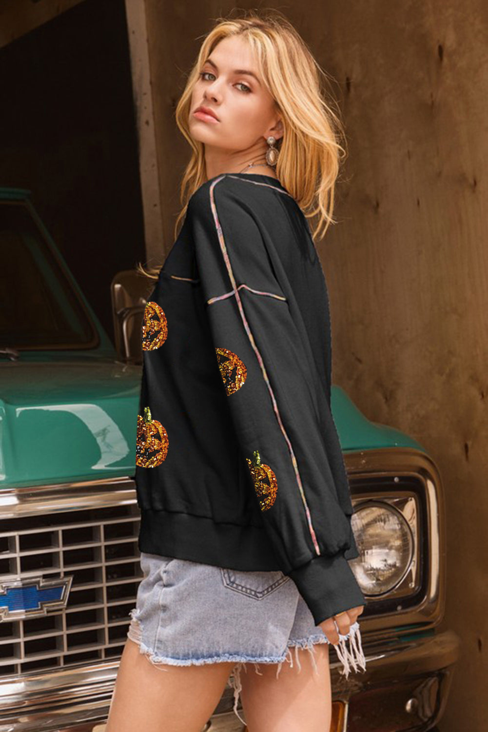 Black Sequin Pumpkin Face Graphic Exposed Seam Halloween Sweatshirt Graphic Sweatshirts JT's Designer Fashion