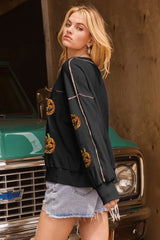 Black Sequin Pumpkin Face Graphic Exposed Seam Halloween Sweatshirt Graphic Sweatshirts JT's Designer Fashion
