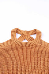 Brown Crew Neck Cold Shoulder Hollow-out Back Sweater Sweaters & Cardigans JT's Designer Fashion