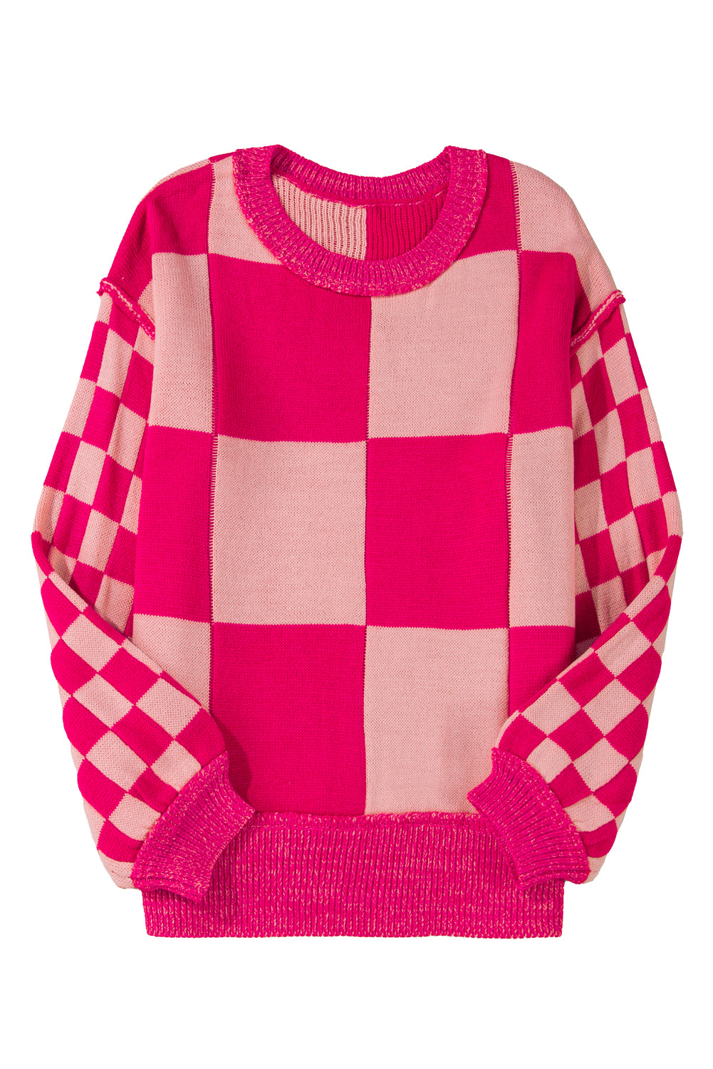 Rose Red Mixed Checkered Pattern Drop Shoulder Loose Sweater Sweaters JT's Designer Fashion