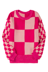 Rose Red Mixed Checkered Pattern Drop Shoulder Loose Sweater Sweaters JT's Designer Fashion