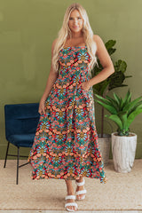 Black Boho Floral Print Thin Straps Sleeveless High Waist Maxi Dress Black 100%Polyester Floral Dresses JT's Designer Fashion