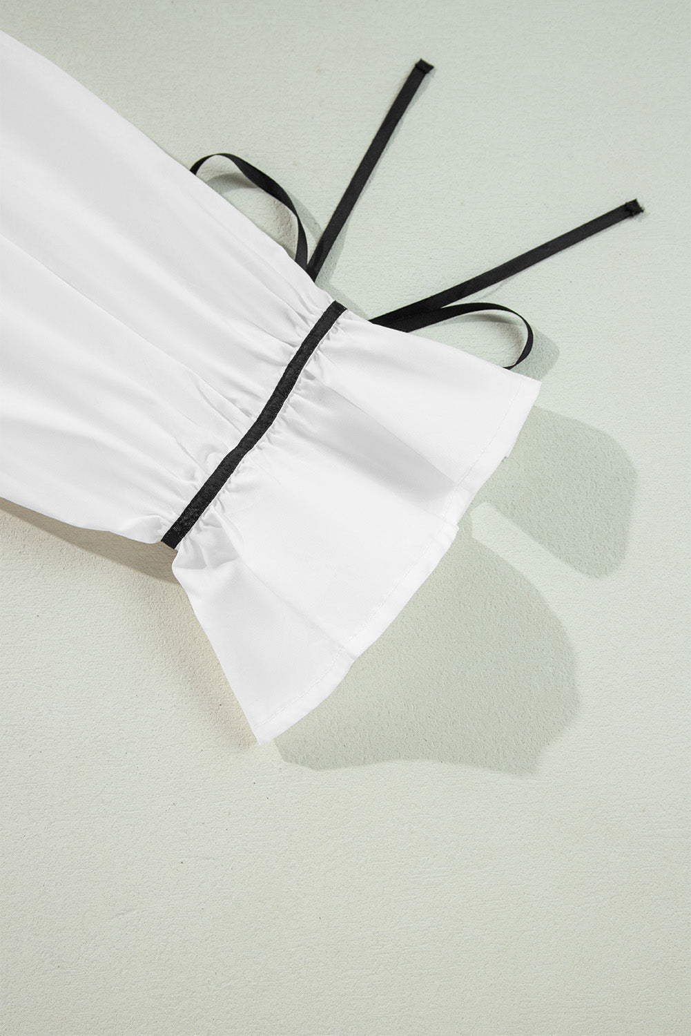 White Black Pipping Ribbon Bowtie Collared Ruffled Puff Sleeve Shirt Blouses & Shirts JT's Designer Fashion
