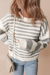 Gray Stripe Drop Shoulder Crew Neck Sweater Sweaters JT's Designer Fashion