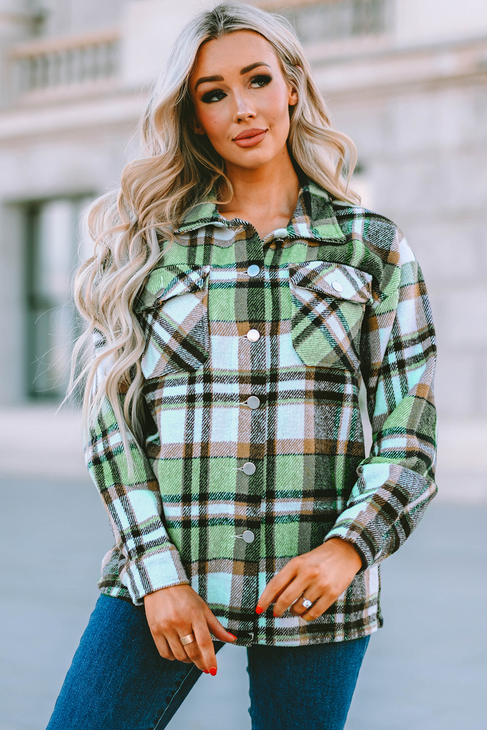 Green Geometric Plaid Print Pocketed Shacket Plaid Shackets JT's Designer Fashion