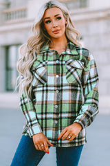 Green Geometric Plaid Print Pocketed Shacket Plaid Shackets JT's Designer Fashion