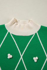 Dark Green Diamond Pattern Pom Accents Contrast Trim High Neck Sweater Sweaters JT's Designer Fashion