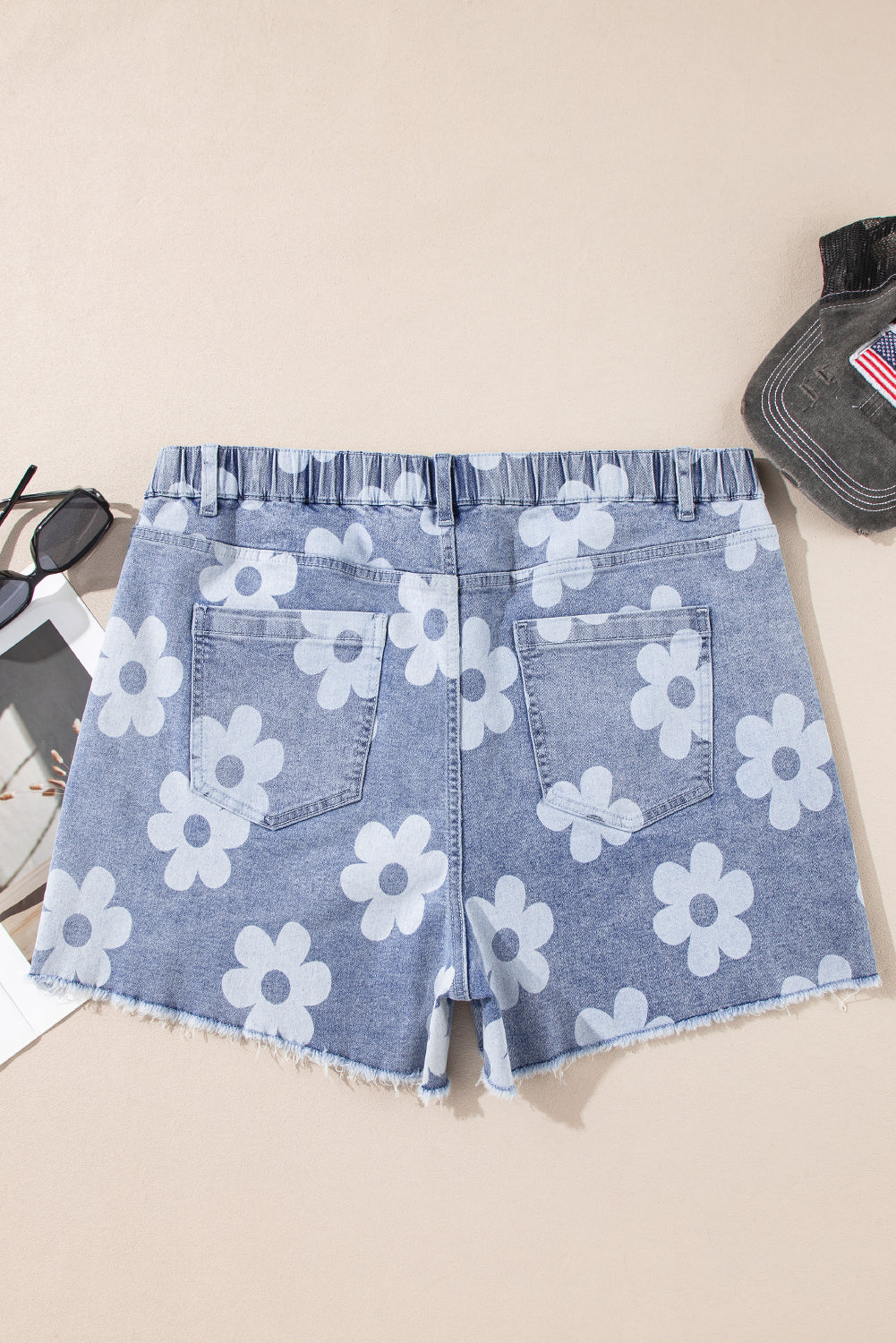 Ashleigh Blue Floral Pattern High Waist Raw Hem Plus Size Denim Shorts Plus Size Bottoms JT's Designer Fashion