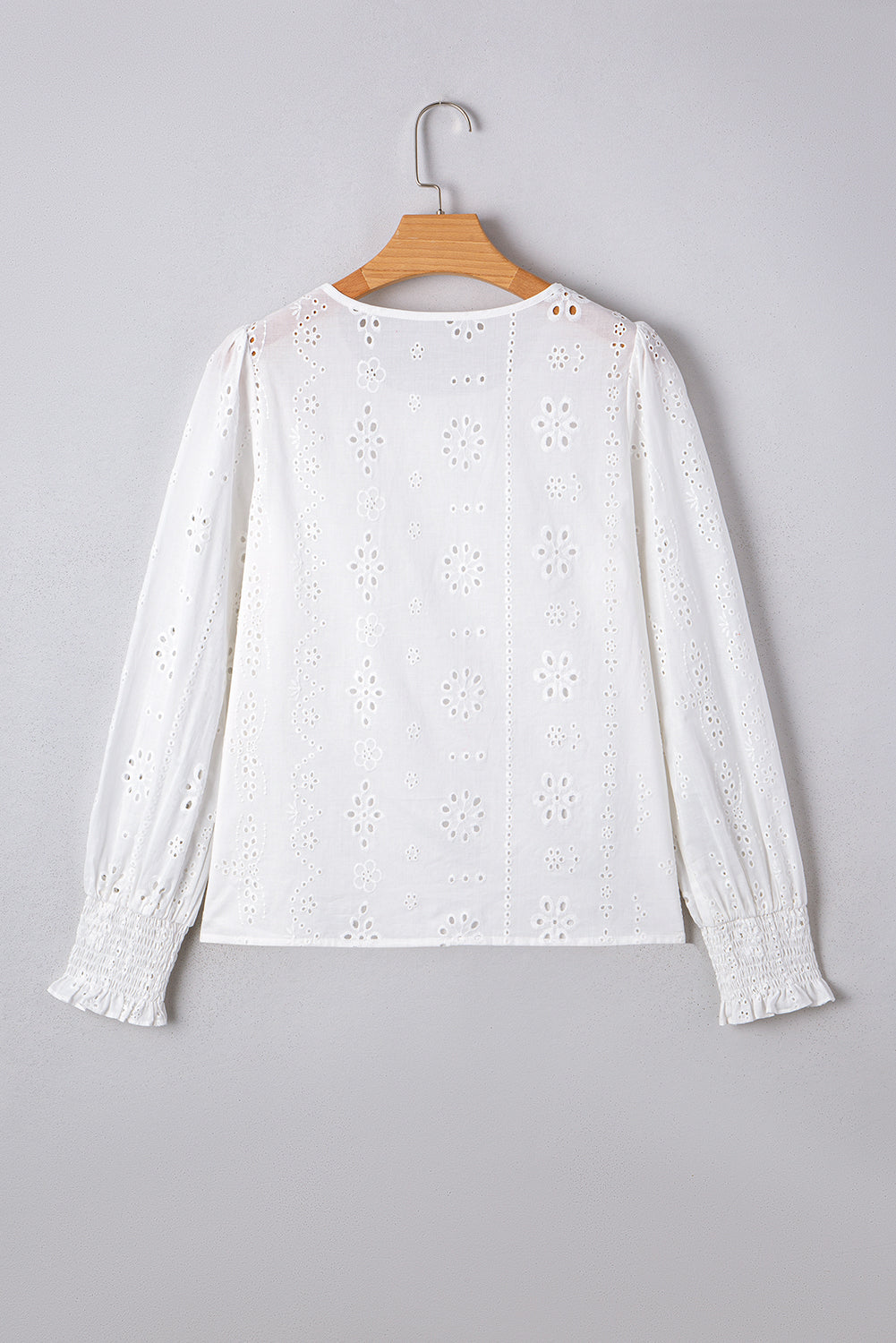 White Eyelet Embroidered Smocked Cuff Sheer Blouse Blouses & Shirts JT's Designer Fashion