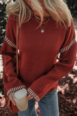 Red Dahlia Color Contrast Trim Drop Shoulder Crew Neck Sweater Red Dahlia 65%Acrylic+35%Polyamide Sweaters JT's Designer Fashion